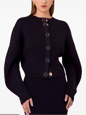 NICHOLAS BlueBlack Ribbed Cropped Cardigan with Gold-Tone Buttons